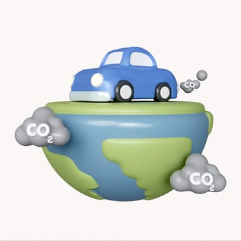 3d car emitting Carbon Dioxide. Ecology and biochemistry. Air pollution emissions contamination with industrial pipes. icon isolated on white background. 3d rendering illustration. Clipping part..