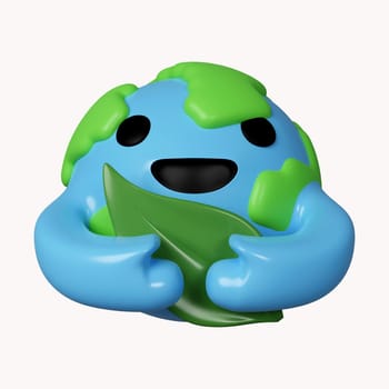 3d planet hug leaf. save planet. Save Environment Concept. icon isolated on white background. 3d rendering illustration. Clipping path..