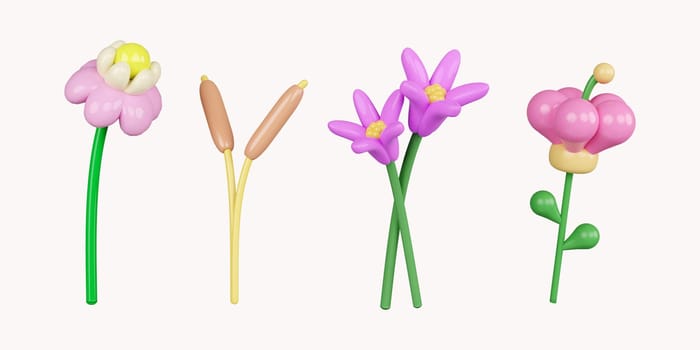 3d colorful flower set. icon isolated on white background. 3d rendering illustration. Clipping path..