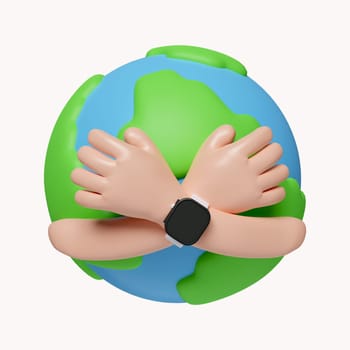 3d hands hug planet Earth. Concept of World Environment Day, Save the Earth, Protect environmental and eco green life. icon isolated on white background. 3d rendering illustration. Clipping path..