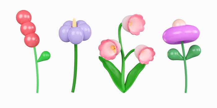 3d colorful flower set. icon isolated on white background. 3d rendering illustration. Clipping path..