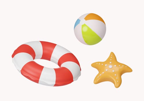 3d swimming ring ball and starfish. summer vacation and holidays concept. icon isolated on white background. 3d rendering illustration. Clipping path.