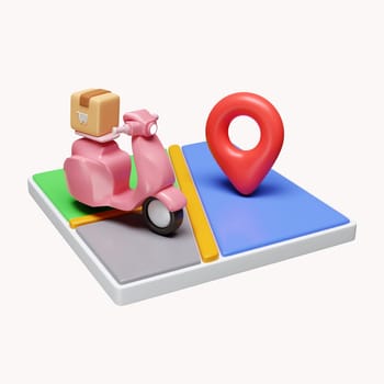 3d Delivery scooter on the road with Cardboard Boxes and location pointer shopping online delivery e-commerce concept. icon isolated on white background. 3d rendering illustration. Clipping path..