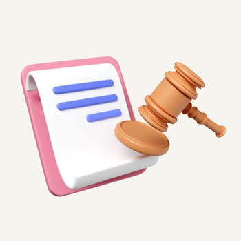 3d judge gavel on paper clipboard. punishment. judgement. law advisor. advocate. Judge arbitrate courthouse concept. icon isolated on white background. 3d rendering illustration. Clipping path..
