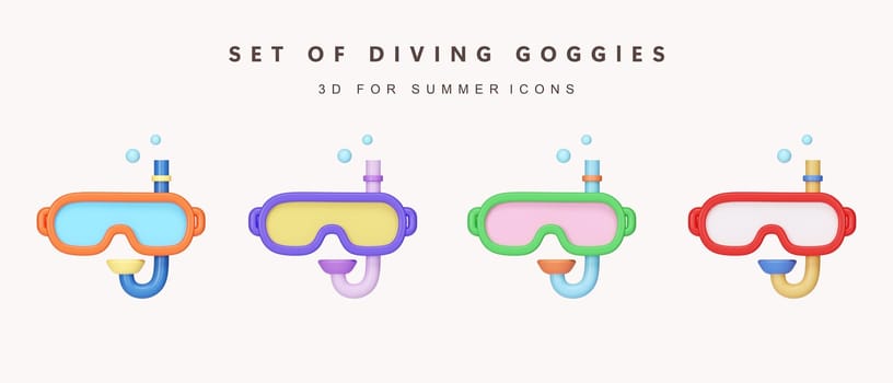 3d Set of color diving goggle icon for summer vacation concept. icon isolated on white background. 3d rendering illustration. Clipping path..