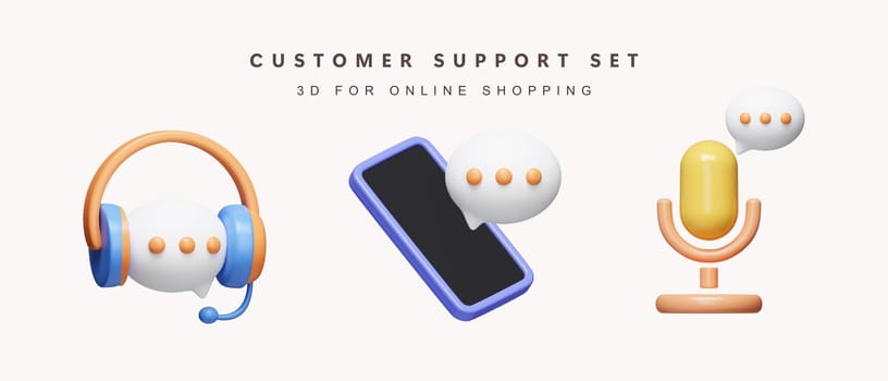 3d Set of customer support for shopping online concept. Hotline service for help and FAQ. icon isolated on white background. 3d rendering illustration. Clipping path..