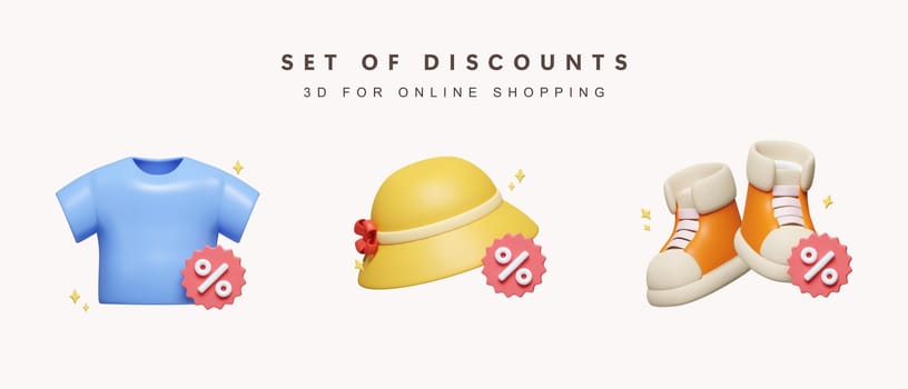 3d Collection of clothing and accessories and percentage for shopping online concept. delivery. icon isolated on white background. 3d rendering illustration. Clipping path..