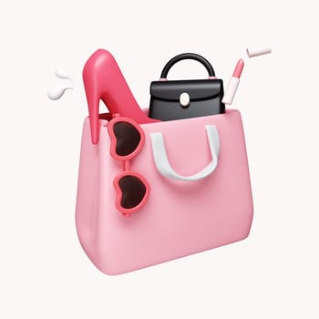 3d shopping bag with high heels, cosmetics, sun glasses and hand bag. shopping online concept. icon isolated on white background. 3d rendering illustration. Clipping path..