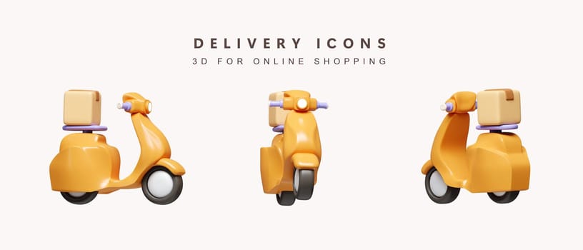 3d Set of orange scooter delivery for shopping online concept. delivery. icon isolated on white background. 3d rendering illustration. Clipping path..