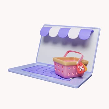 3d Online shopping via computer laptop with shopping cart and discount coupons. Promotion and e-commerce. icon isolated on white background. 3d rendering illustration. Clipping path..