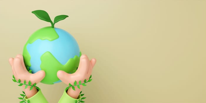 3d hand holding a planet earth isolated on yellow background. Sustain earth concept. Save Earth. Environment Concept. 3d rendering illustration..