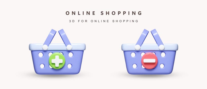 3d shopping cart. Add to Cart. Remove items from the cart. icon isolated on white background. 3d rendering illustration. Clipping path..