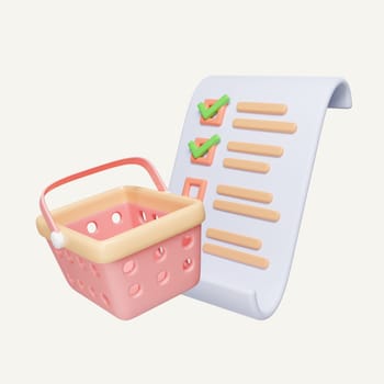 Shopping list with correct mark and shopping basket. Order checklist task clipboard for store. sell plan. icon isolated on white background. 3d rendering illustration. Clipping path..
