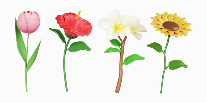 3d colorful flower set. icon isolated on white background. 3d rendering illustration. Clipping path..