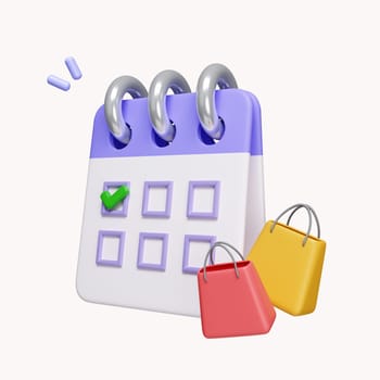 3d Calendar with check sign and shopping bag. special sale day concept. big sale day reminder. icon isolated on white background. 3d rendering illustration. Clipping path..