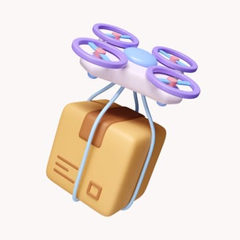 3d delivery drone flying with cardboard box. express delivery service. icon isolated on white background. 3d rendering illustration. Clipping path..