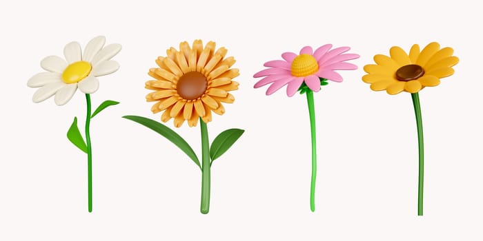 3d colorful flower set. icon isolated on white background. 3d rendering illustration. Clipping path..