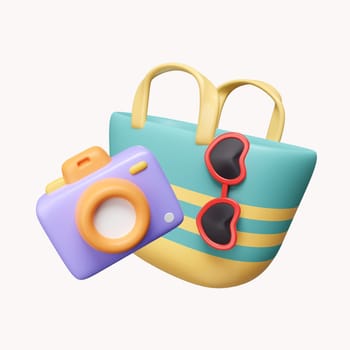 3d bag with camera and sun glasses. summer vacation and holidays concept. icon isolated on white background. 3d rendering illustration. Clipping path..