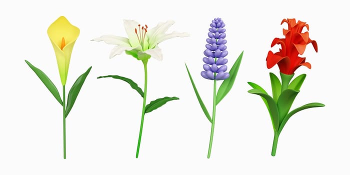 3d colorful flower set. icon isolated on white background. 3d rendering illustration. Clipping path..