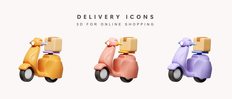 3d Set of color scooter delivery for shopping online concept. delivery. icon isolated on white background. 3d rendering illustration. Clipping path..