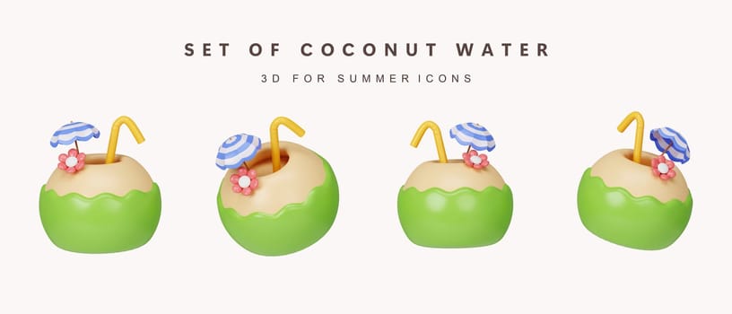3d set of coconut water for summer time. summer vacation and holidays concept. icon isolated on white background. 3d rendering illustration. Clipping path..