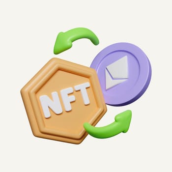 3d Cryptocurrency NFT money transfer concept. NFT coins exchange cashless society. icon isolated on white background. 3d rendering illustration. Clipping path..