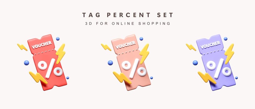 3d Set of color coupon discount with flash. flash sale for shopping online concept. icon isolated on white background. 3d rendering illustration. Clipping path..
