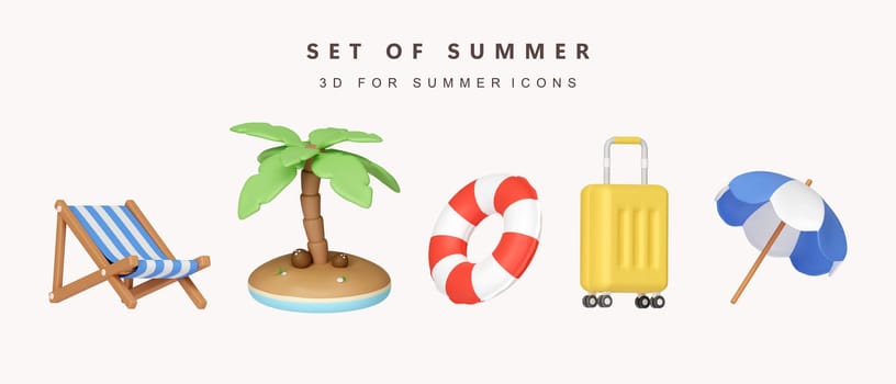 3d Set of summer icon for summer vacation concept. icon isolated on white background. 3d rendering illustration. Clipping path..