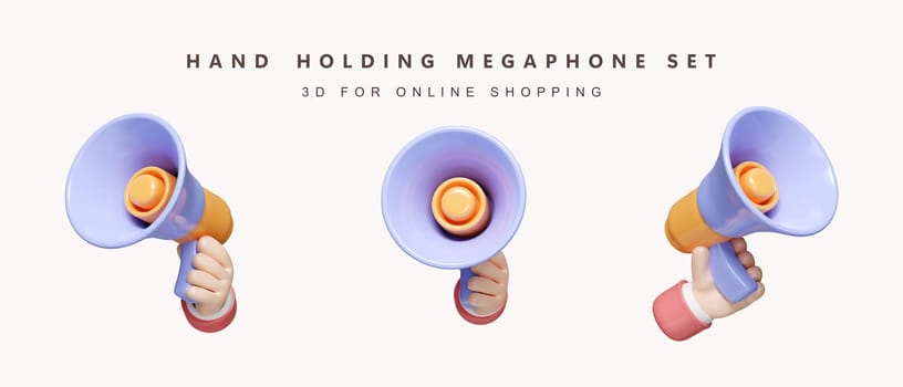 3d Set of hand holding megaphone for shopping concept. Advertising and promotion. icon isolated on white background. 3d rendering illustration. Clipping path..