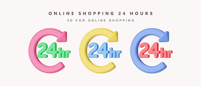 3d Set of online shopping 24 hours for shopping online concept. icon isolated on white background. 3d rendering illustration. Clipping path..
