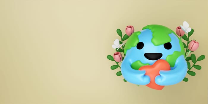 3d planet hug heart with flower and butterfly on yellow background. Concept of Save the Earth, Protect environmental and eco green life, ecology and nature protect. 3d rendering illustration..