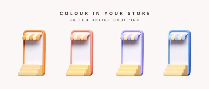 3d Set of color store on phone for shopping online concept. icon isolated on white background. 3d rendering illustration. Clipping path..