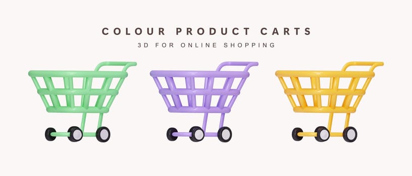 3d Set of color product cart for shopping concept. icon isolated on white background. 3d rendering illustration. Clipping path..