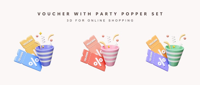 3d set of color voucher with party poppers . gift coupon. for shopping online. icon isolated on white background. 3d rendering illustration. Clipping path..