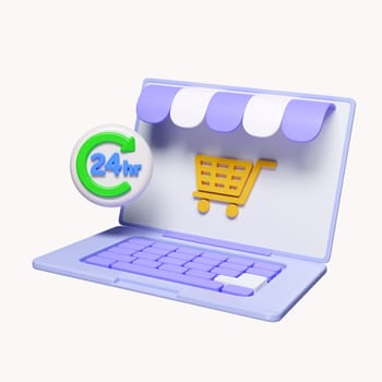 3d online shopping E-commerce, store, 24 hours on laptop. Marketplace online open 24 hours. icon isolated on white background. 3d rendering illustration. Clipping path..