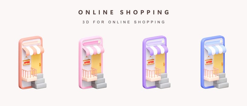 3d Set of color open store on phone for shopping online concept. icon isolated on white background. 3d rendering illustration. Clipping path..