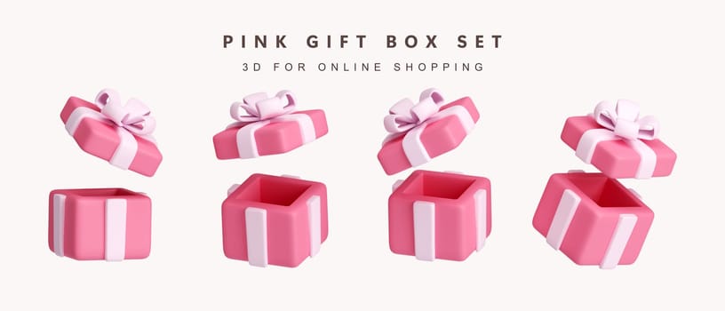 3d Set of open pink gift box for shopping concept. icon isolated on white background. 3d rendering illustration. Clipping path..