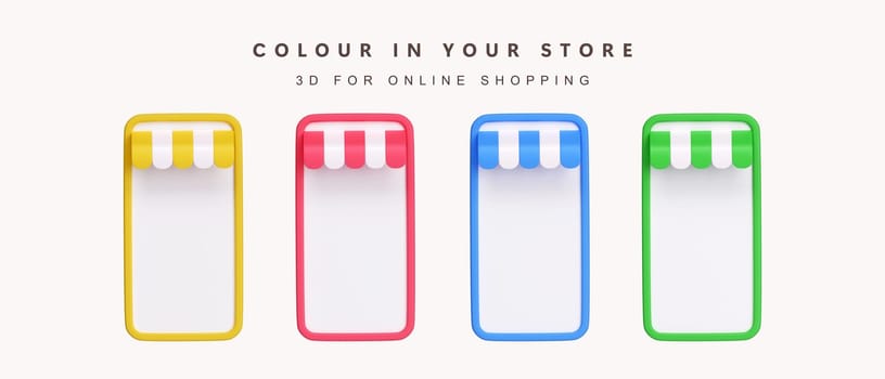 3d Set of color store on phone for shopping online concept. icon isolated on white background. 3d rendering illustration. Clipping path..