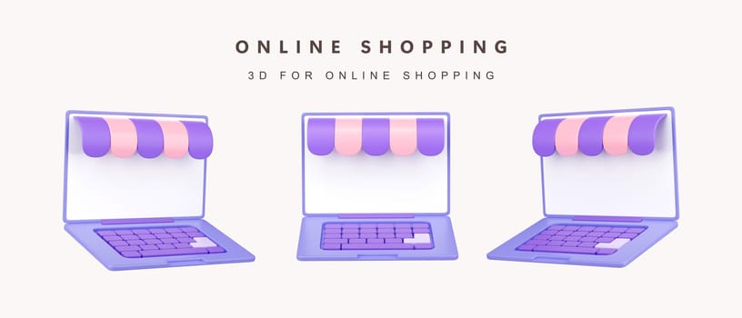 3d Set of store on laptop for shopping online concept. icon isolated on white background. 3d rendering illustration. Clipping path..