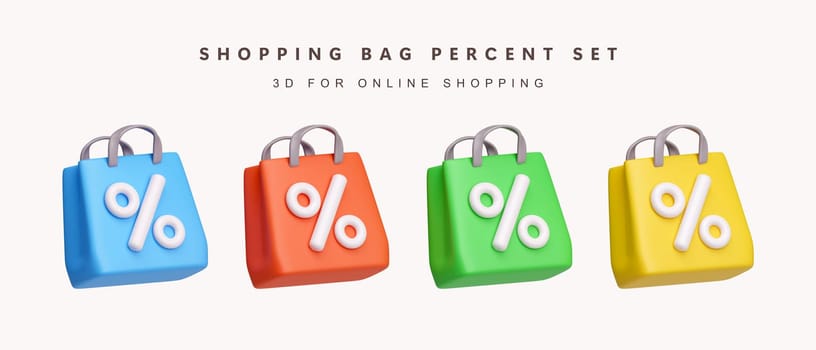 3d Set of color percentage shopping bag for shopping concept. icon isolated on white background. 3d rendering illustration. Clipping path..