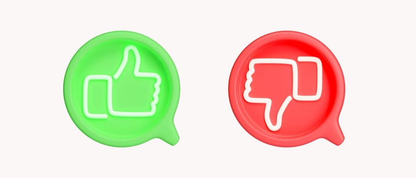 3d Neon button like and dislike. Set of different gestures icons. Social media feedback. icon isolated on white background. 3d rendering illustration. Clipping path..