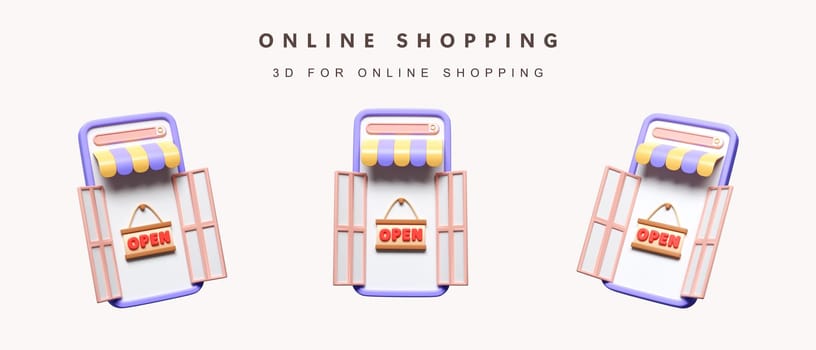 3d Set open store on phone for shopping online concept. icon isolated on white background. 3d rendering illustration. Clipping path..