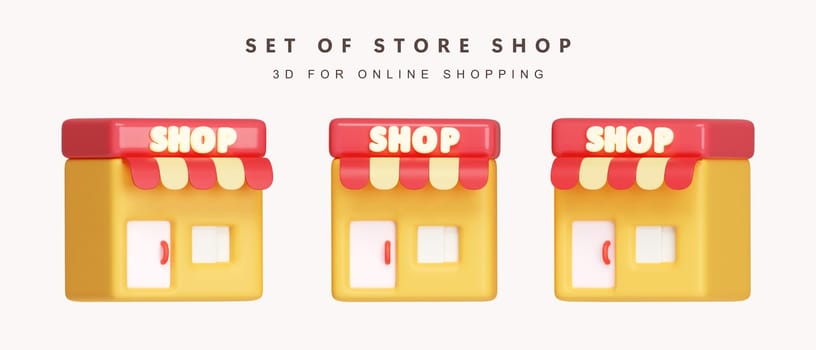 3d Set of store for shopping online concept. icon isolated on white background. 3d rendering illustration. Clipping path..