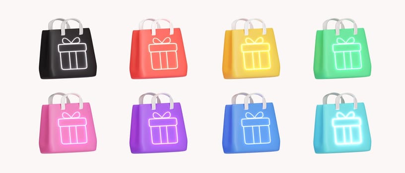 3d Set of neon color on shopping bag for shopping concept. icon isolated on white background. 3d rendering illustration. Clipping path..