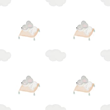 Cute seamless watercolor pattern of a mouse sleeping on a pillow and around a cloud. Kawaii drawing of a baby for printing on children's textiles and cozy bedding. Illustration in the color of the year Peach Fuzz. High quality illustration