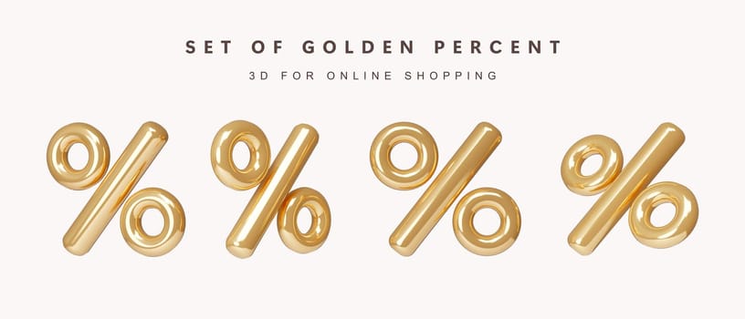 3d Set of golden percentage for shopping online concept. icon isolated on white background. 3d rendering illustration. Clipping path..