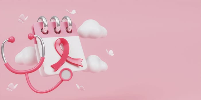 Pink ribbon calendar with cloud and copy space for Breast Cancer Awareness Month and World Cancer Day banner background design in 3D illustration..