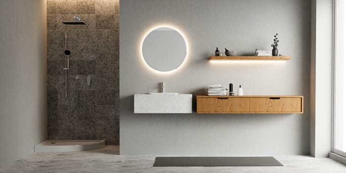 3D render an empty counter with ceramic washbasin and modern style faucet in a bathroom. Blank space for products display mockup. Background, Wall ..