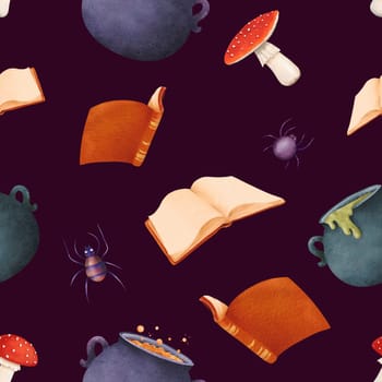 Seamless Halloween pattern. an authentic witch's set: cauldrons with potions, magical spell books, poisonous fly agaric mushrooms, and dangerous spiders. Classic holiday elements in a watercolor.