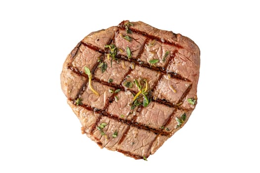 Top view of Thinly sliced grilled tenderloin on white background